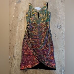 NWT Grace Karin Iridescent Green-Purple Sequin Midi Dress S